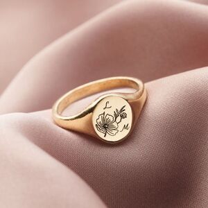 Engraved Birth Flower Initials Signet Ring