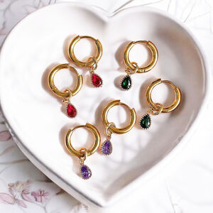 Huggie Hoop Earrings With Teardrop Birthstone Detail