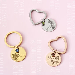 Personalised Birth Flower Birthstone Keyring