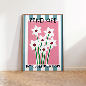 Personalised Striped Birth Flower New Baby Art Prints